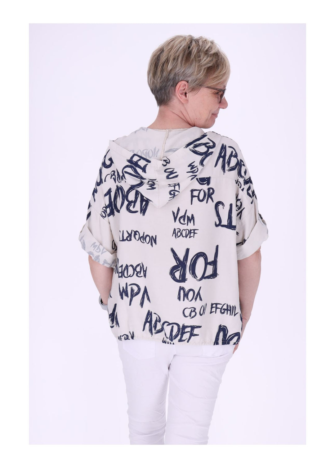 Bluse damen 1/2 Arm Kapuze AOP Schrift