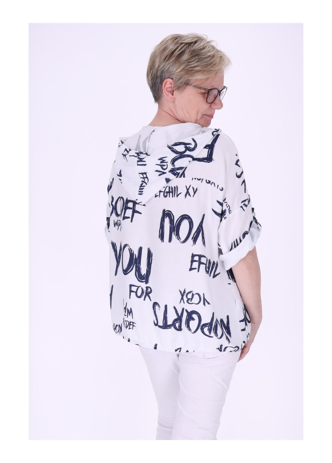 Bluse damen 1/2 Arm Kapuze AOP Schrift