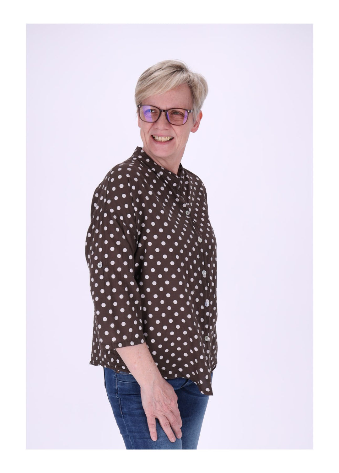 Bluse Damen Krempelarm AOP Punkte Baumwolle