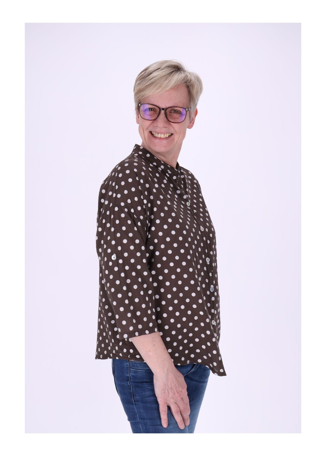 Bluse Damen Krempelarm AOP Punkte Baumwolle