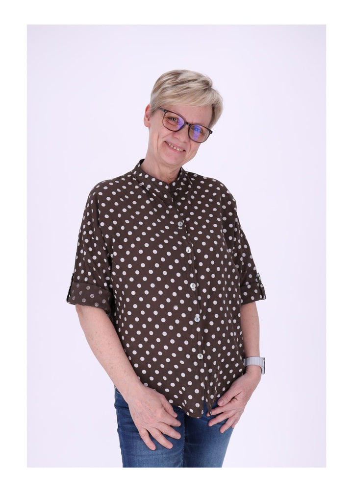 Bluse Damen Krempelarm AOP Punkte Baumwolle