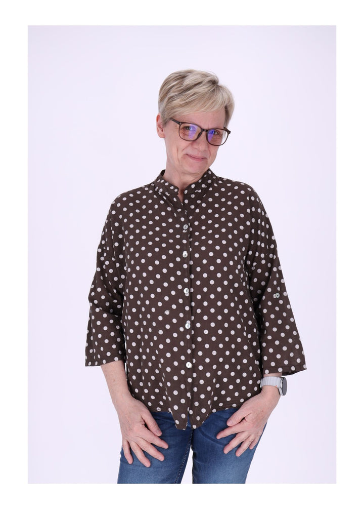 Bluse Damen Krempelarm AOP Punkte Baumwolle