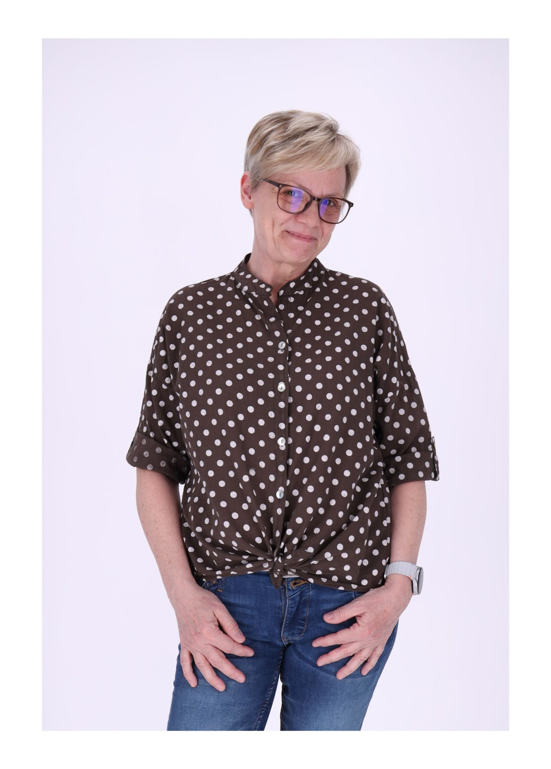 Bluse Damen Krempelarm AOP Punkte Baumwolle