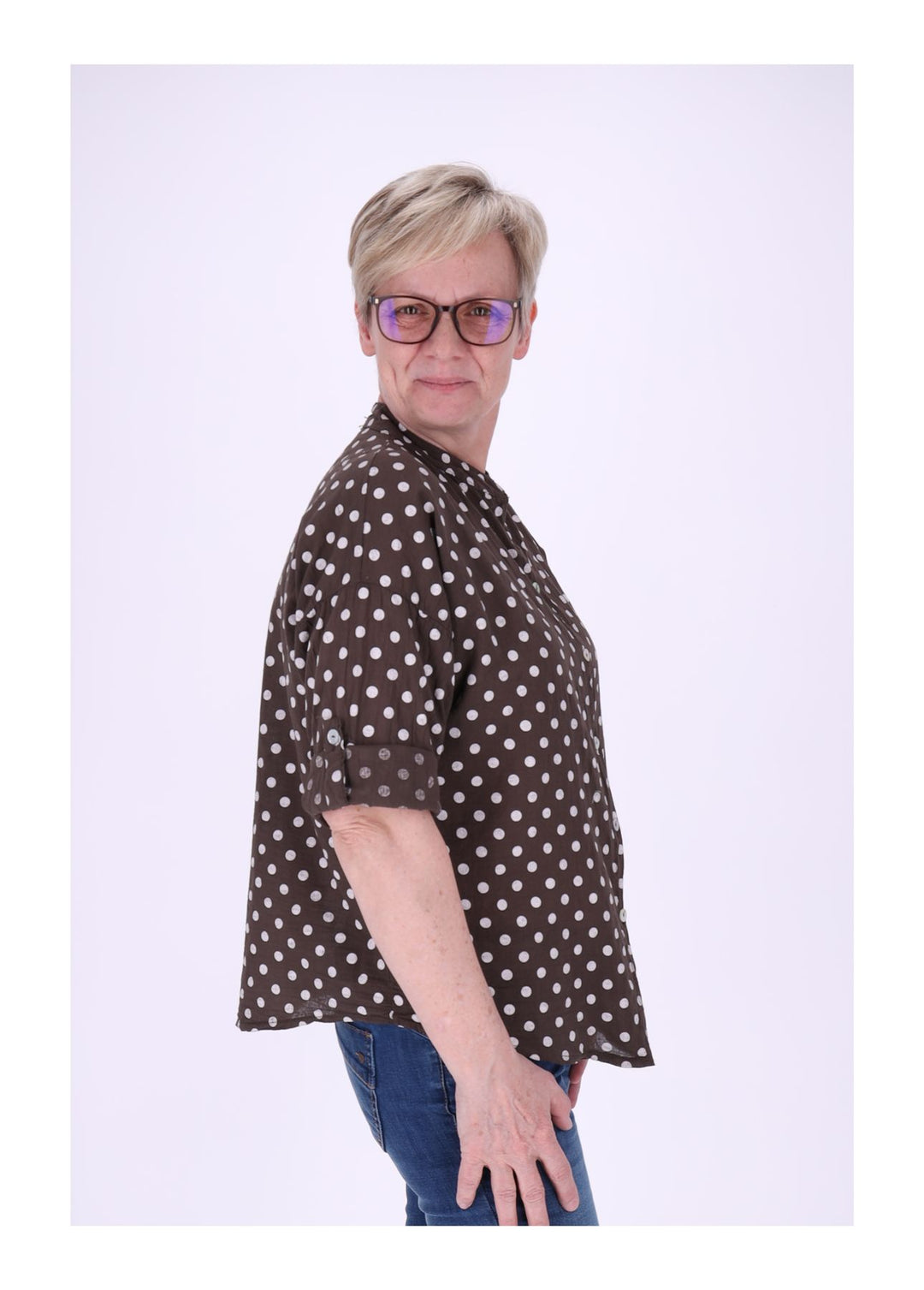 Bluse Damen Krempelarm AOP Punkte Baumwolle