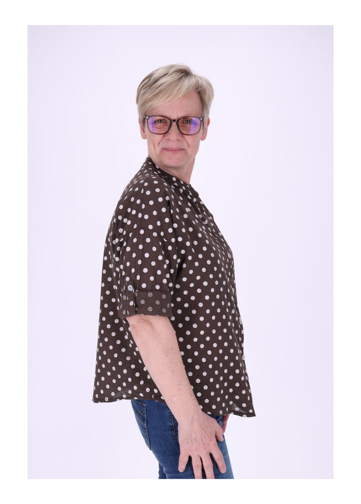 Bluse Damen Krempelarm AOP Punkte Baumwolle