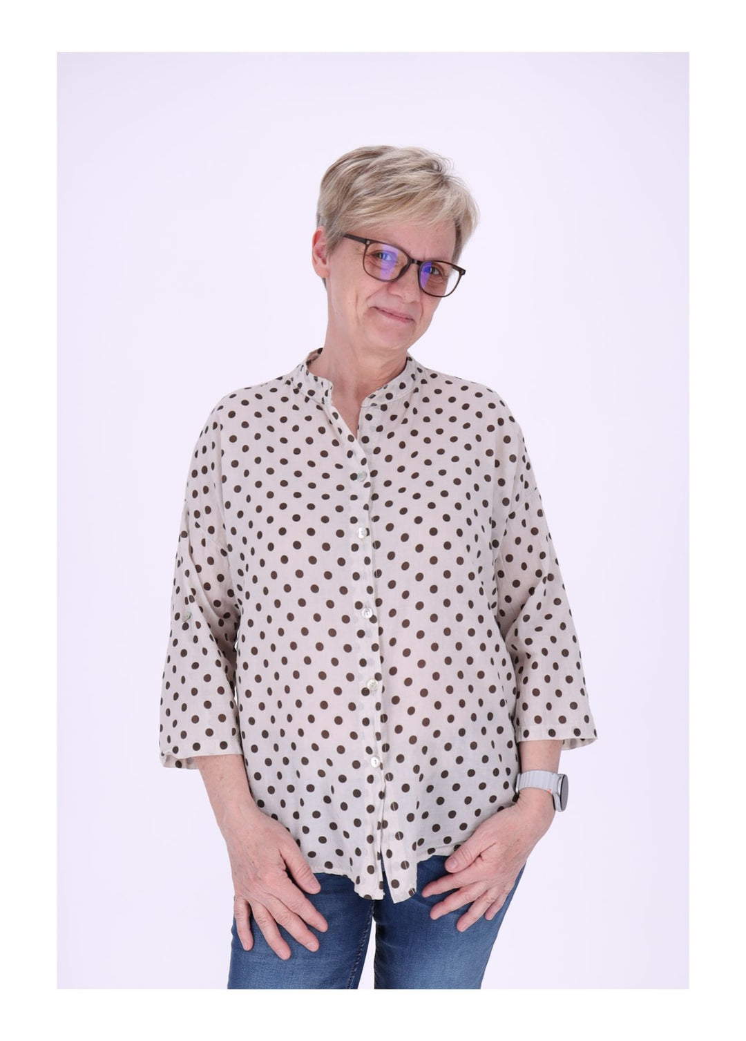 Bluse Damen Krempelarm AOP Punkte Baumwolle