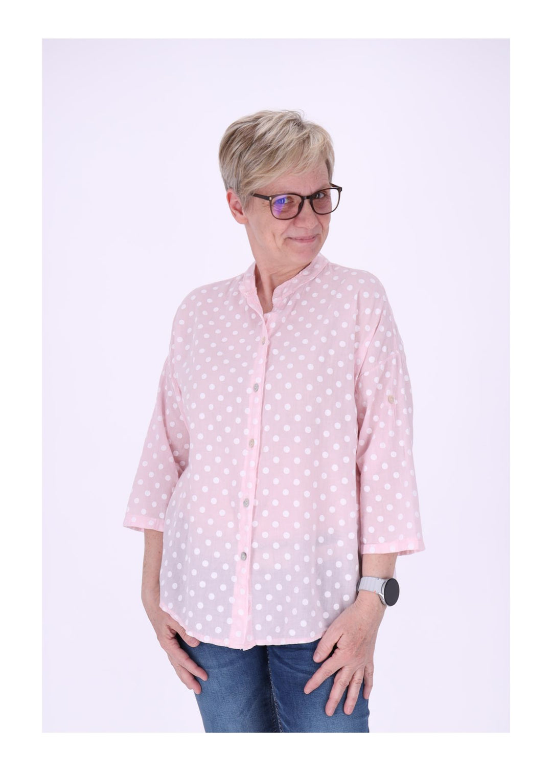 Bluse Damen Krempelarm AOP Punkte Baumwolle