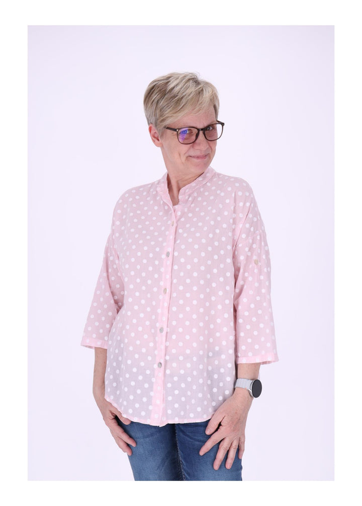 Bluse Damen Krempelarm AOP Punkte Baumwolle