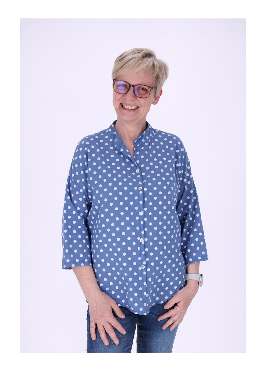 Bluse Damen Krempelarm AOP Punkte Baumwolle