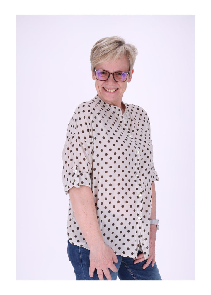 Bluse Damen Krempelarm AOP Punkte Baumwolle