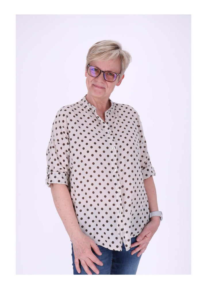 Bluse Damen Krempelarm AOP Punkte Baumwolle