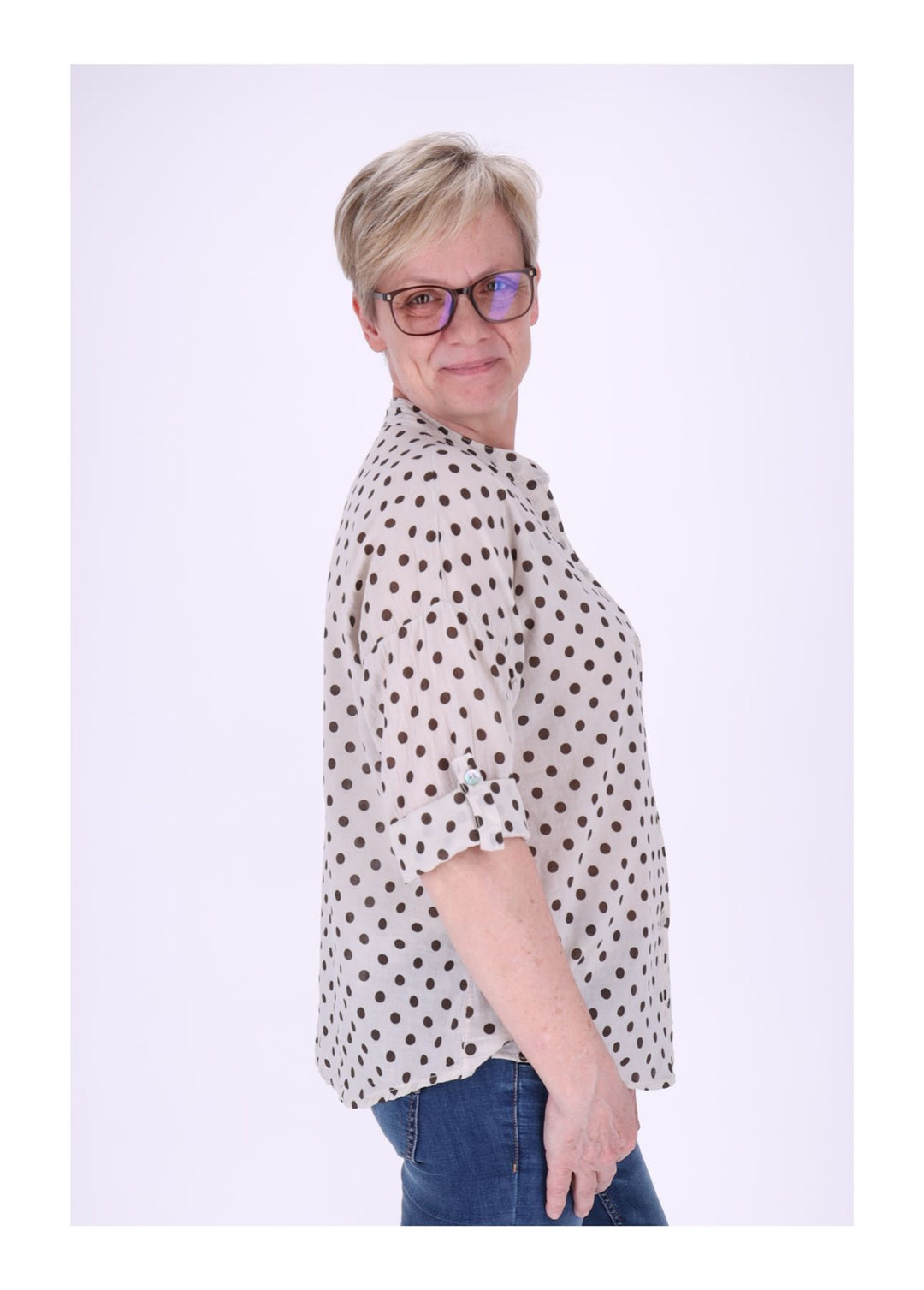 Bluse Damen Krempelarm AOP Punkte Baumwolle
