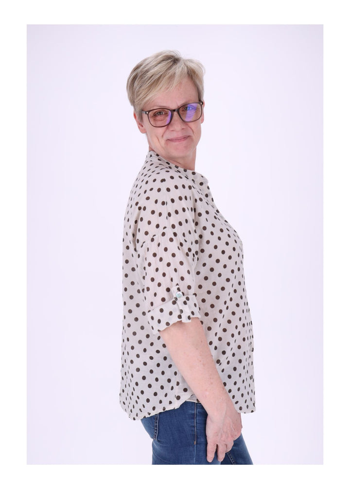 Bluse Damen Krempelarm AOP Punkte Baumwolle