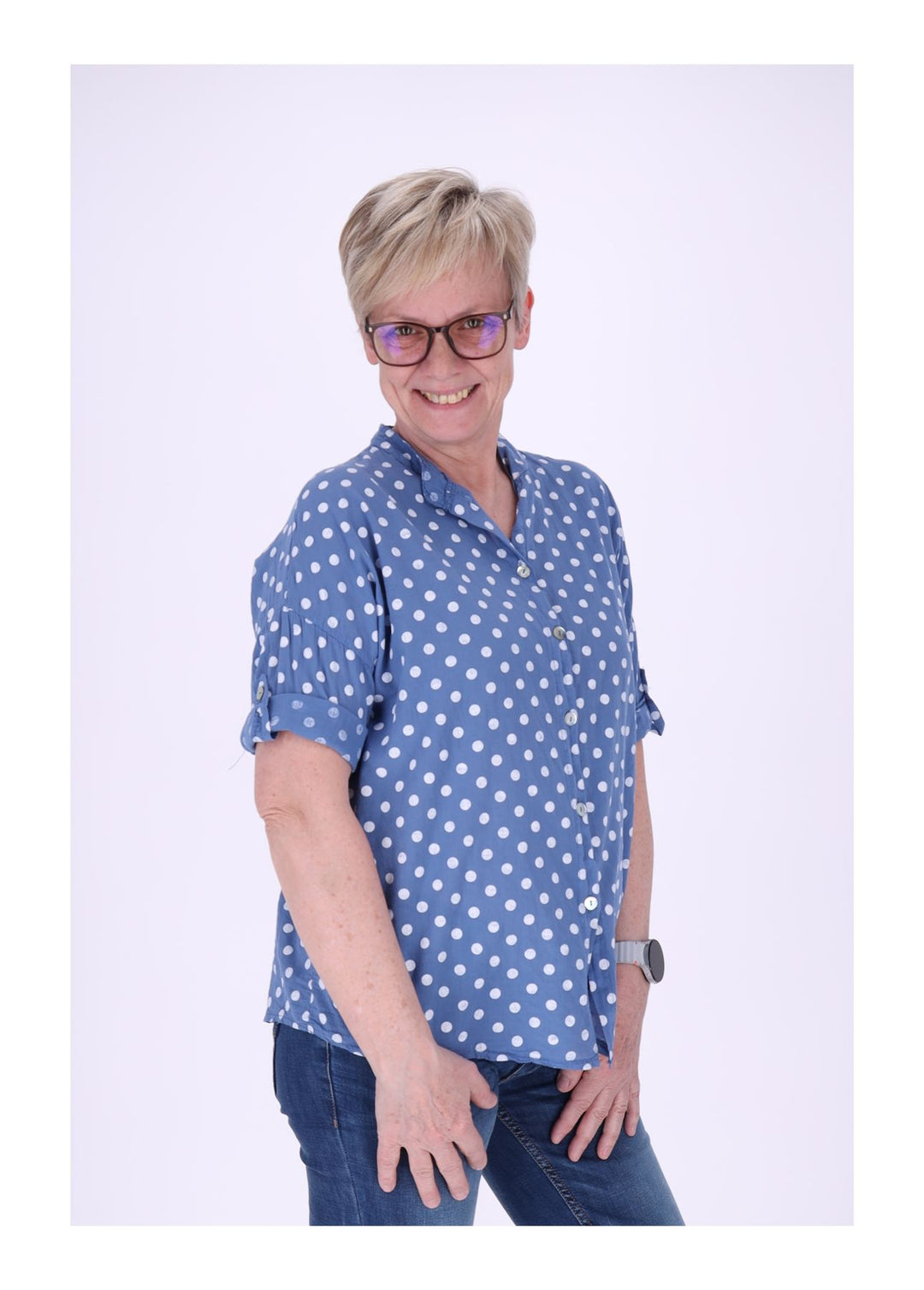 Bluse Damen Krempelarm AOP Punkte Baumwolle