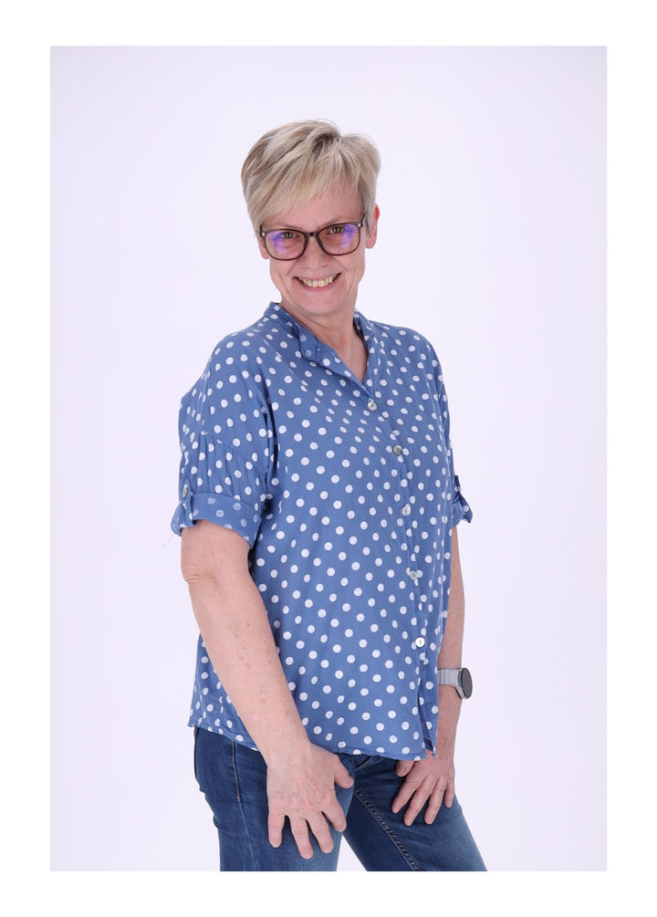 Bluse Damen Krempelarm AOP Punkte Baumwolle
