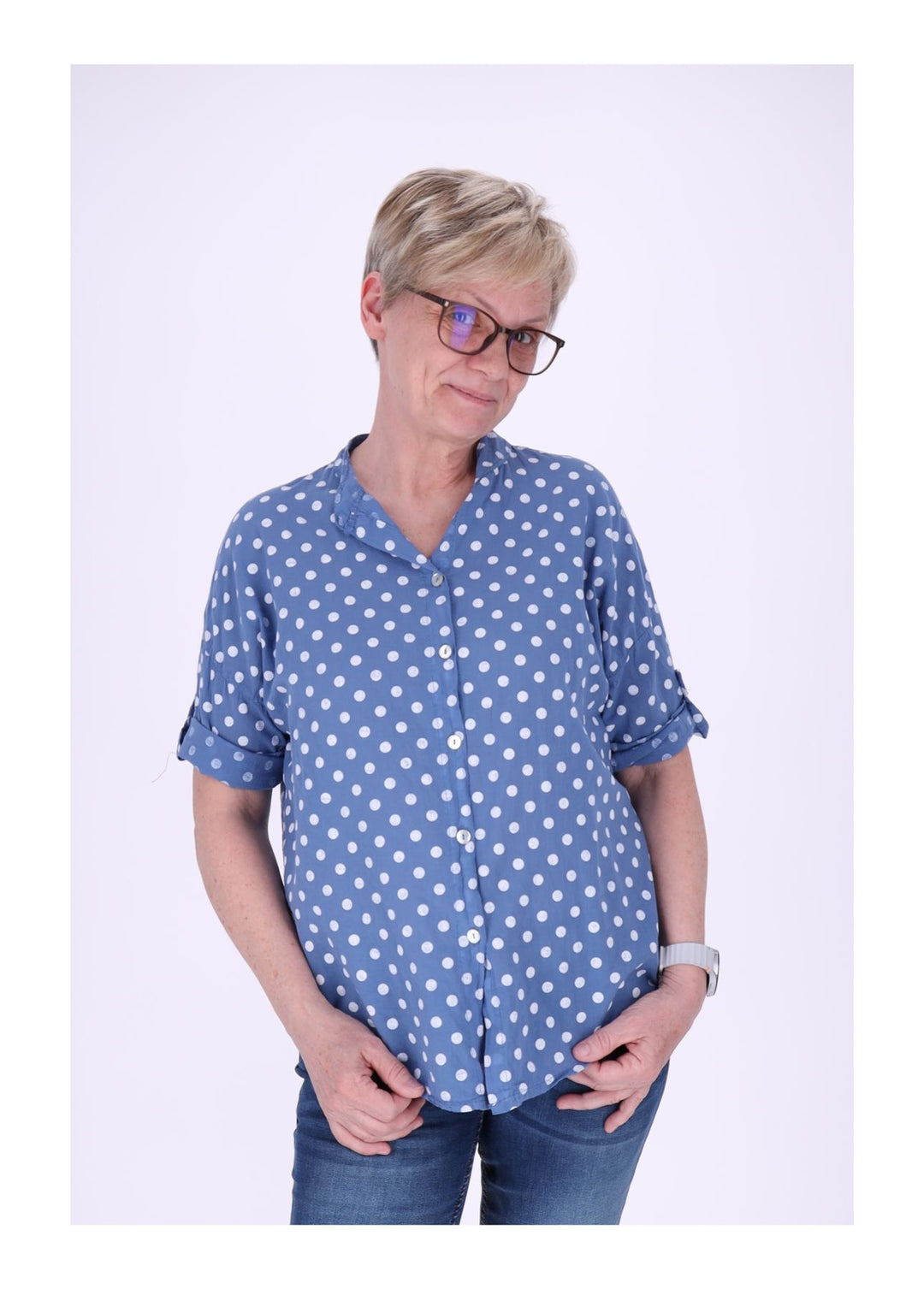 Bluse Damen Krempelarm AOP Punkte Baumwolle
