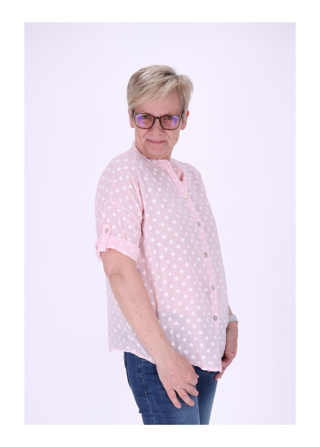 Bluse Damen Krempelarm AOP Punkte Baumwolle
