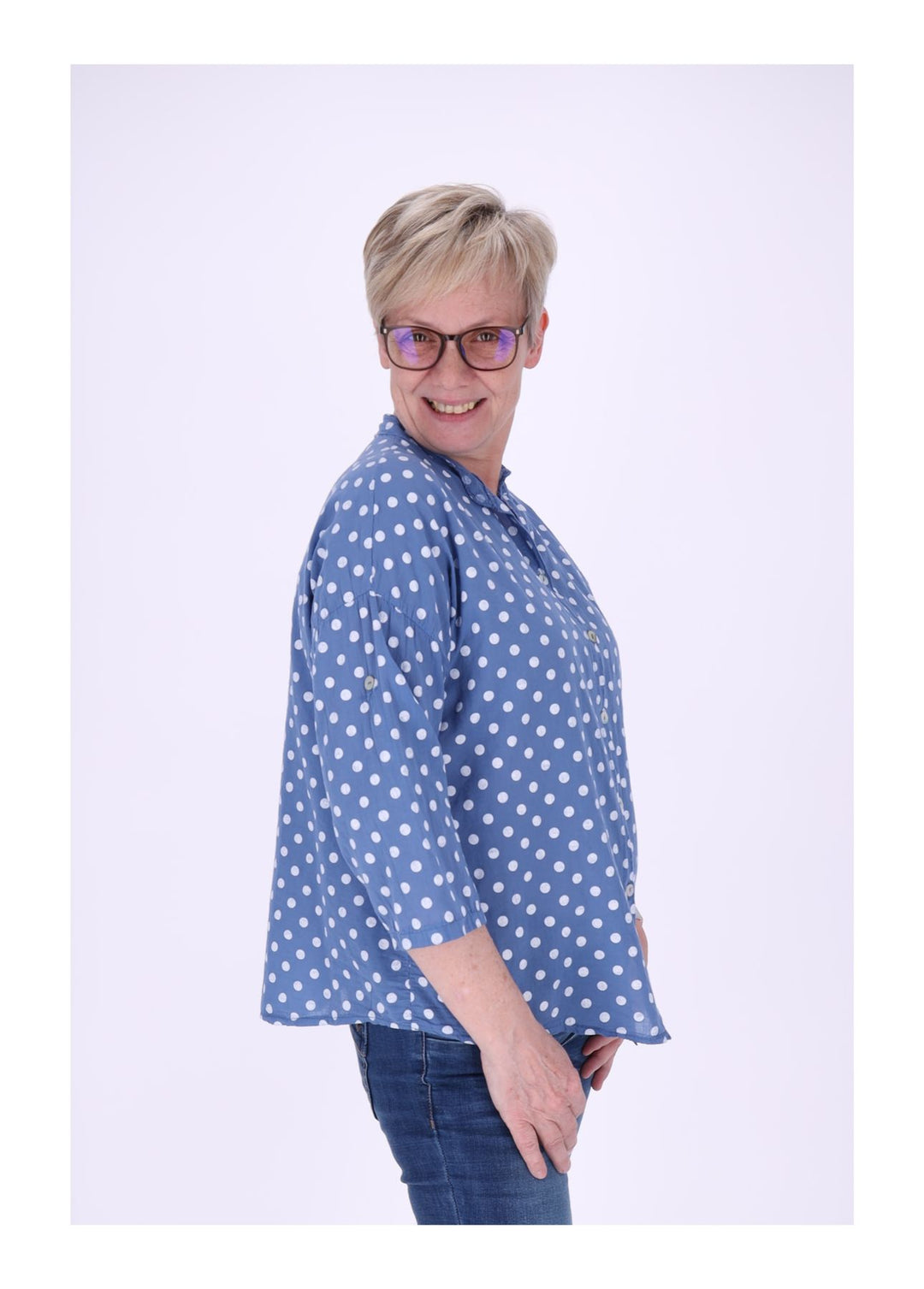 Bluse Damen Krempelarm AOP Punkte Baumwolle