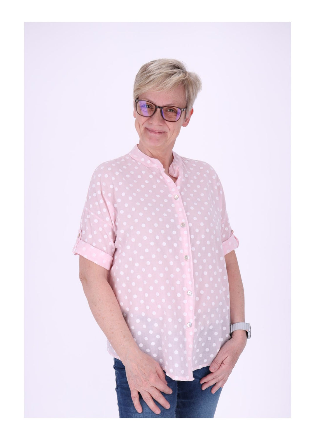 Bluse Damen Krempelarm AOP Punkte Baumwolle