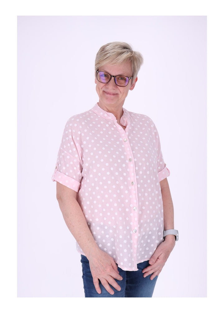 Bluse Damen Krempelarm AOP Punkte Baumwolle
