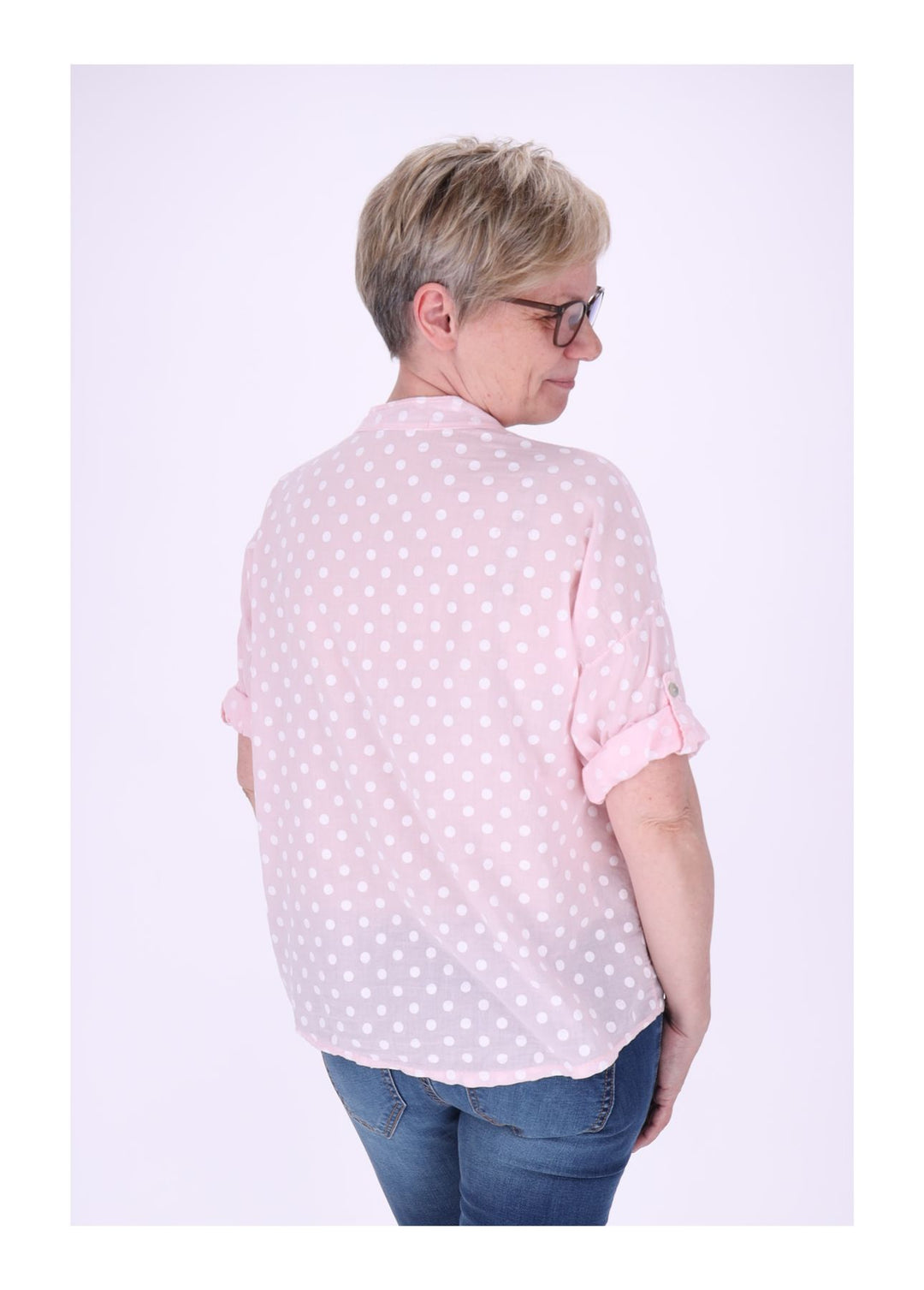 Bluse Damen Krempelarm AOP Punkte Baumwolle