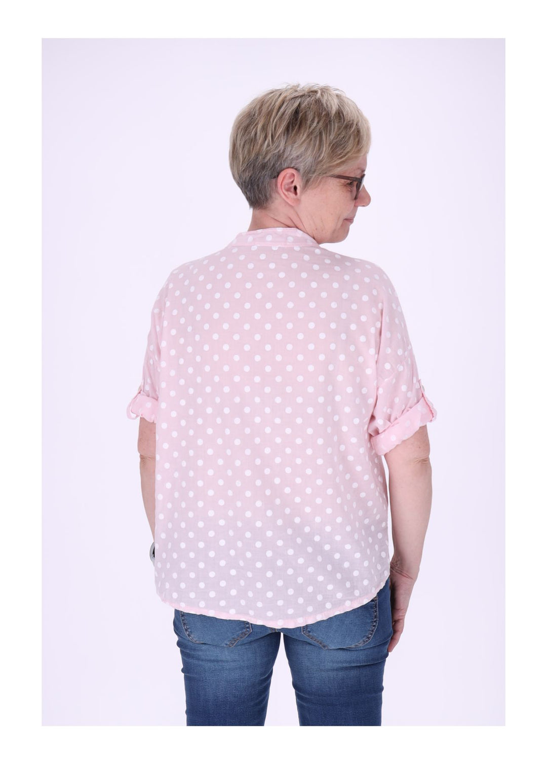 Bluse Damen Krempelarm AOP Punkte Baumwolle