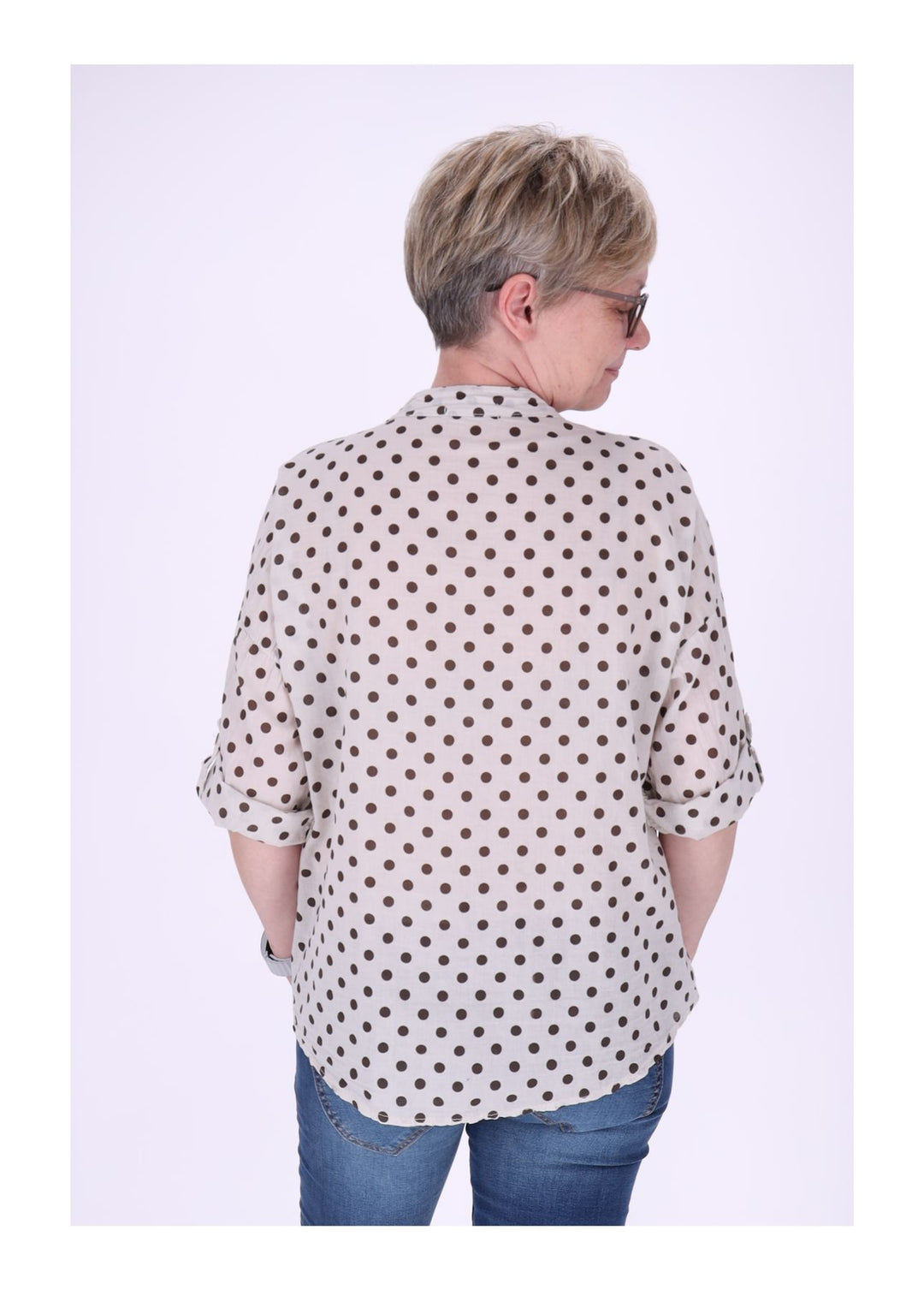 Bluse Damen Krempelarm AOP Punkte Baumwolle