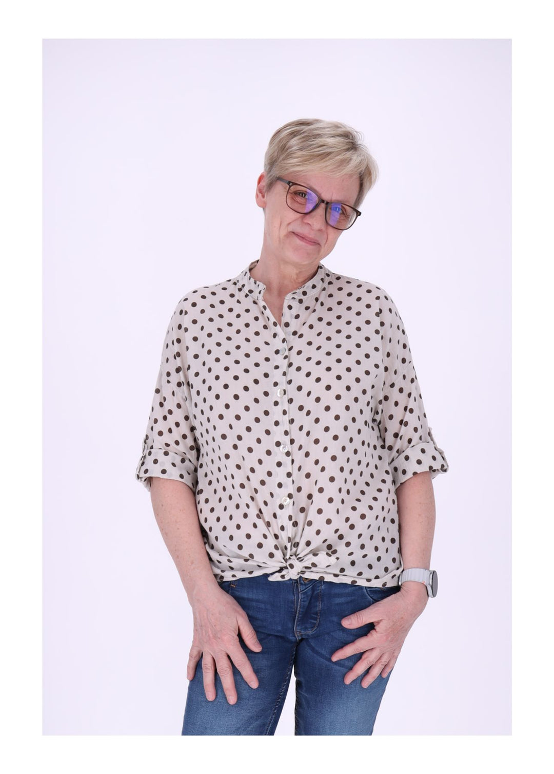 Bluse Damen Krempelarm AOP Punkte Baumwolle