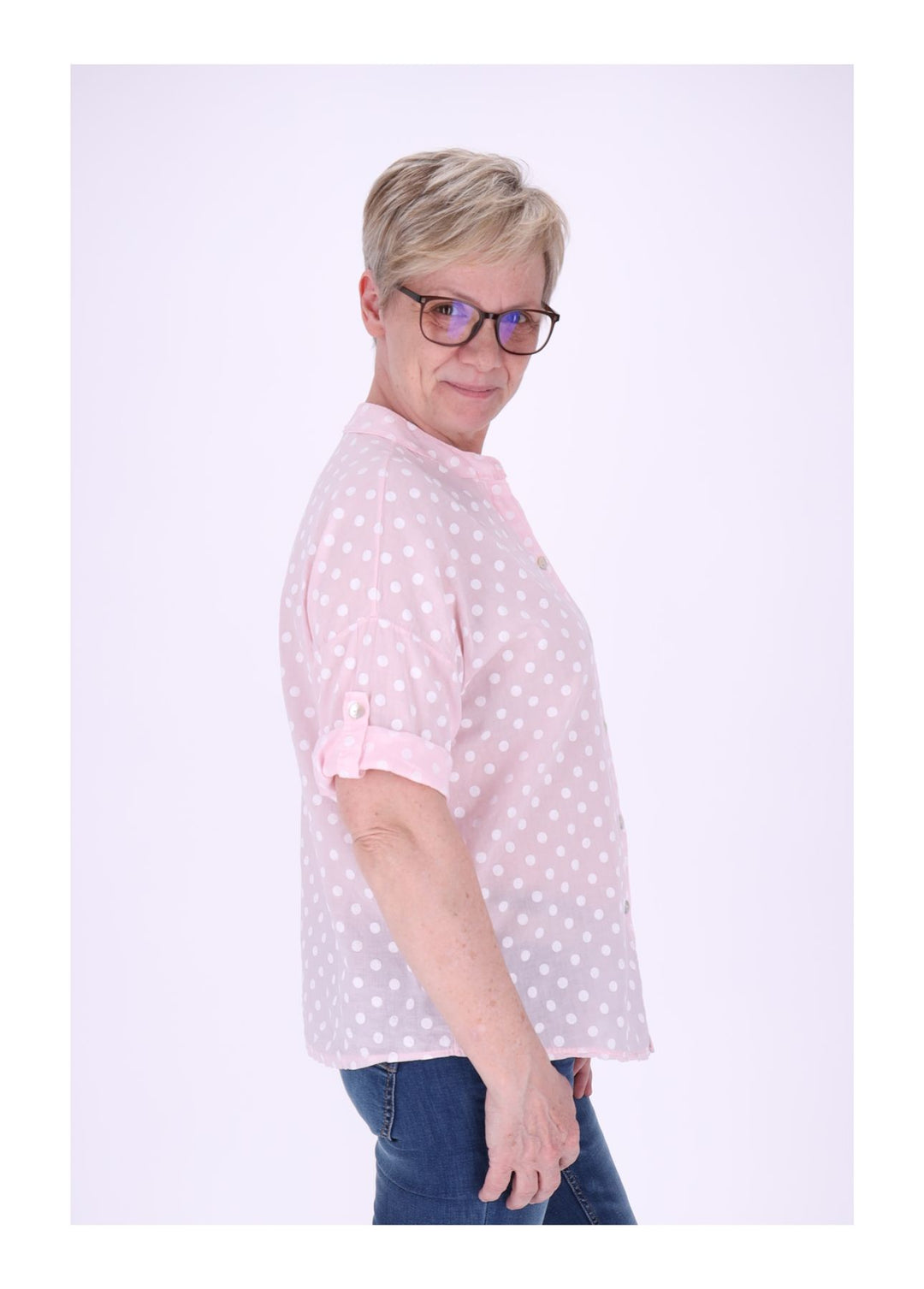 Bluse Damen Krempelarm AOP Punkte Baumwolle