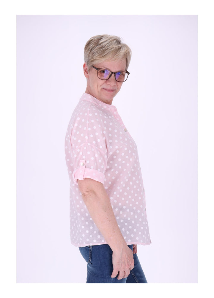 Bluse Damen Krempelarm AOP Punkte Baumwolle