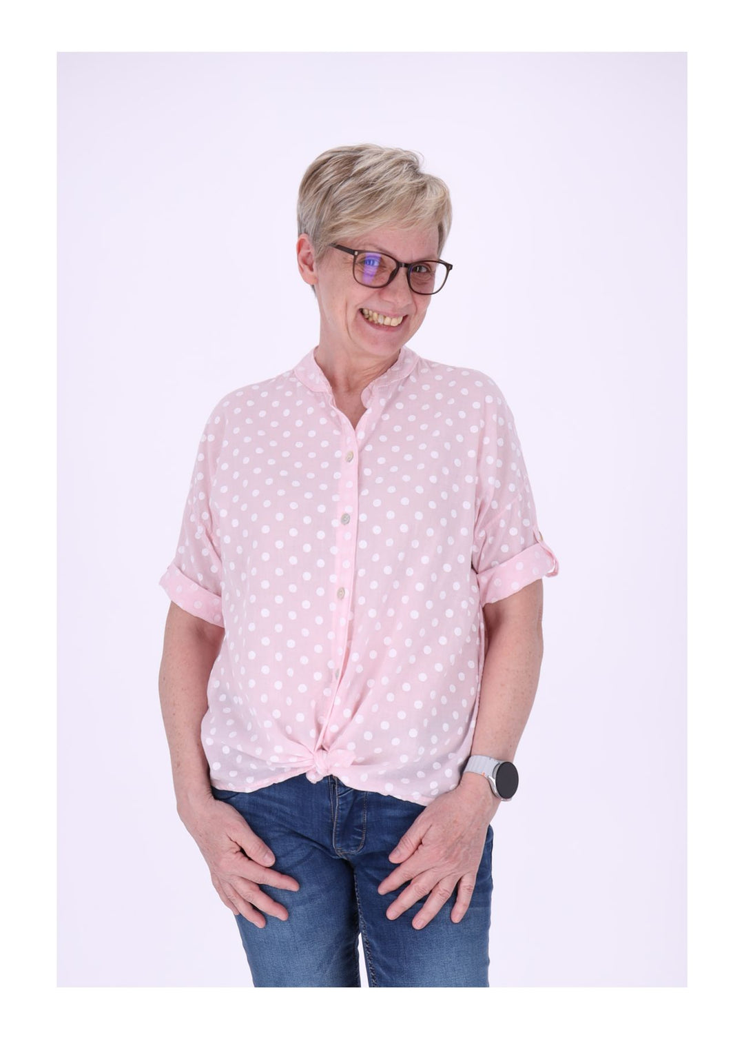 Bluse Damen Krempelarm AOP Punkte Baumwolle