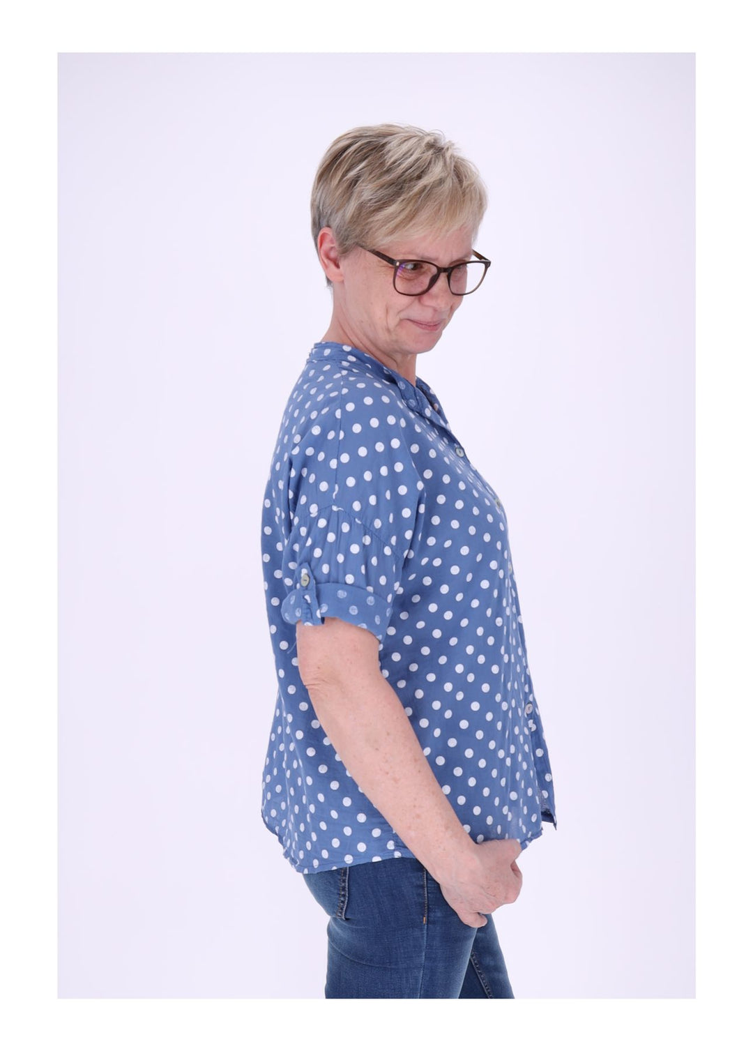 Bluse Damen Krempelarm AOP Punkte Baumwolle