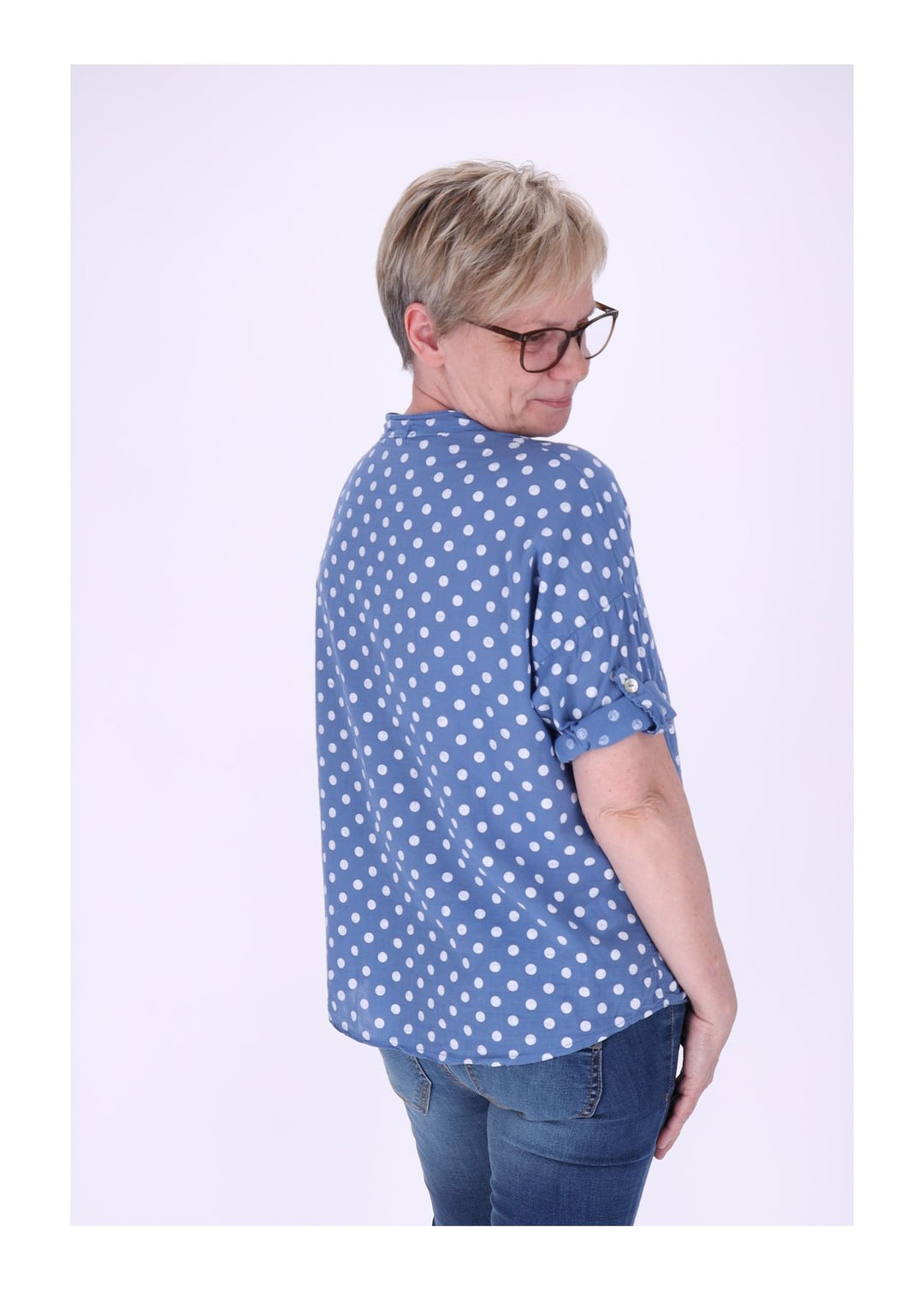 Bluse Damen Krempelarm AOP Punkte Baumwolle
