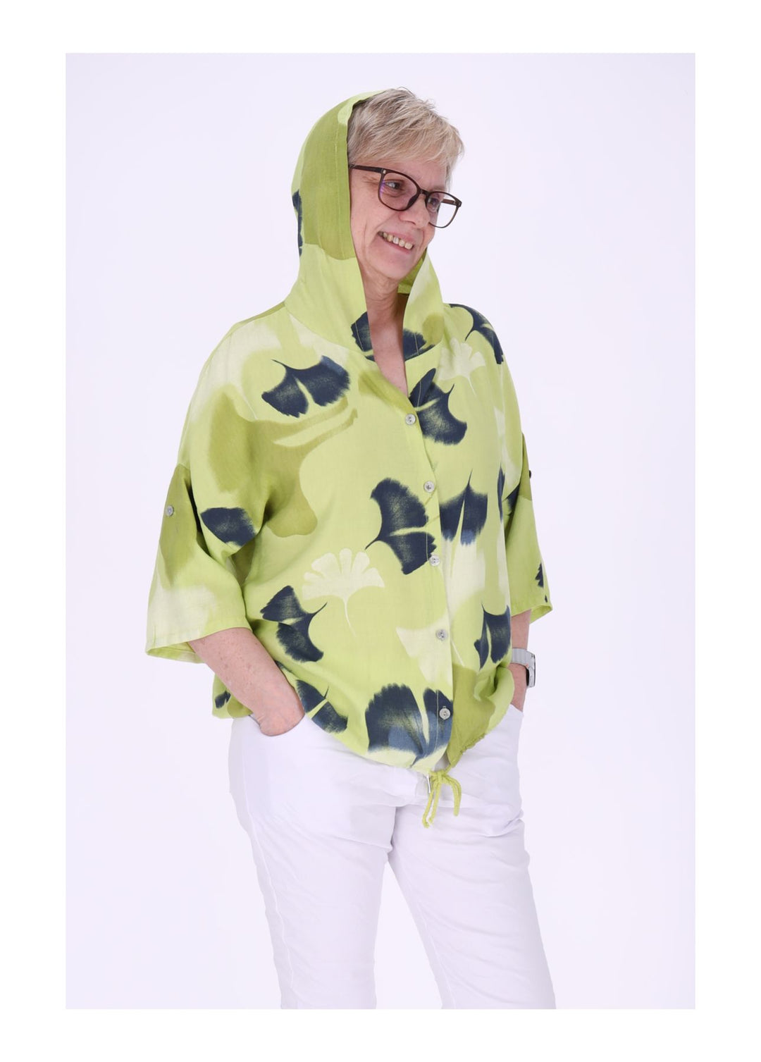 Bluse Damen 1/2 Arm Kapuze AOP Ginko