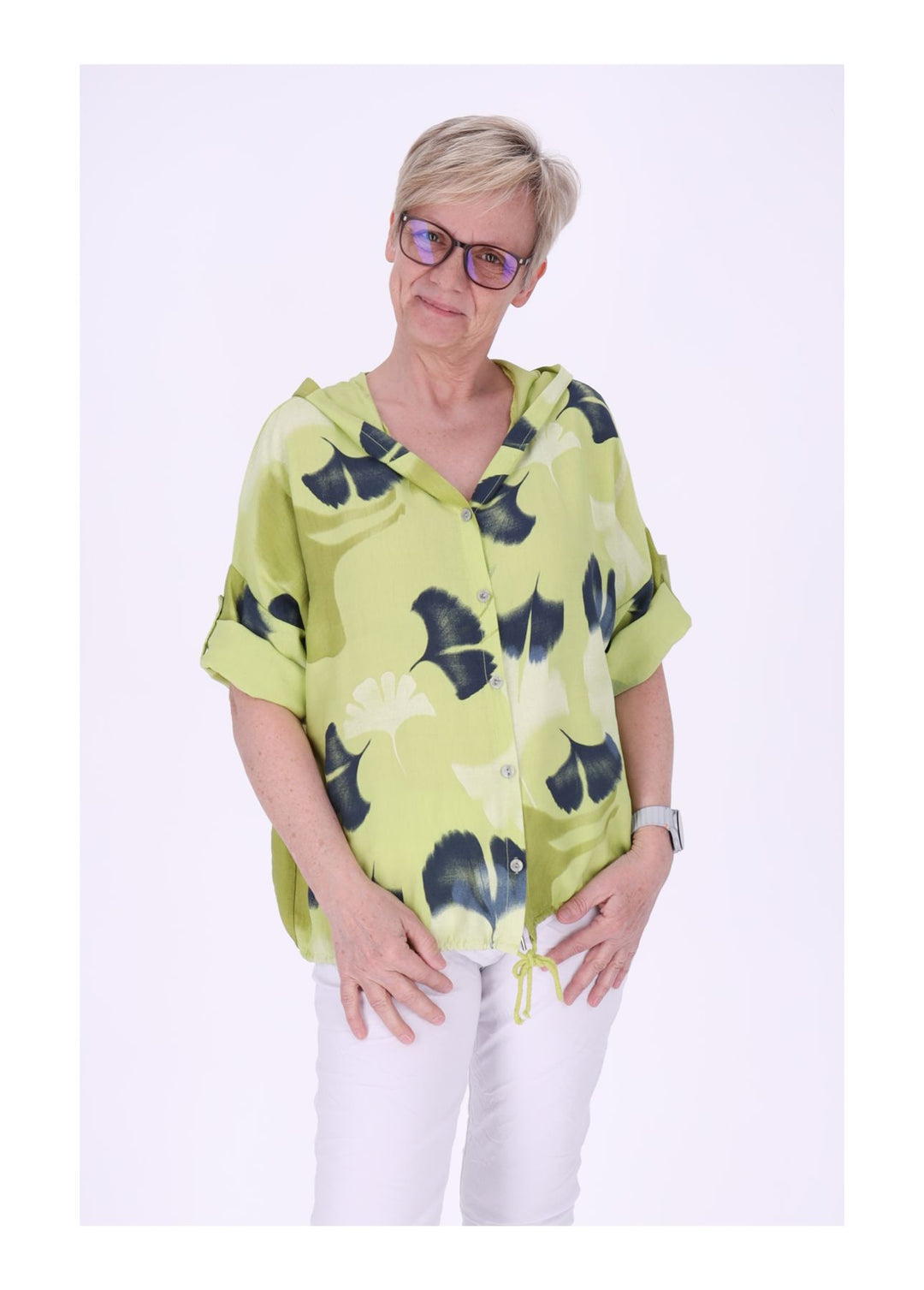 Bluse Damen 1/2 Arm Kapuze AOP Ginko