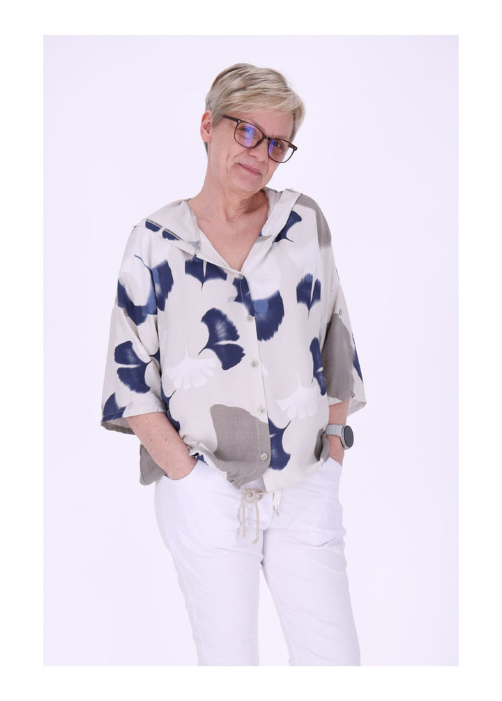 Bluse Damen 1/2 Arm Kapuze AOP Ginko
