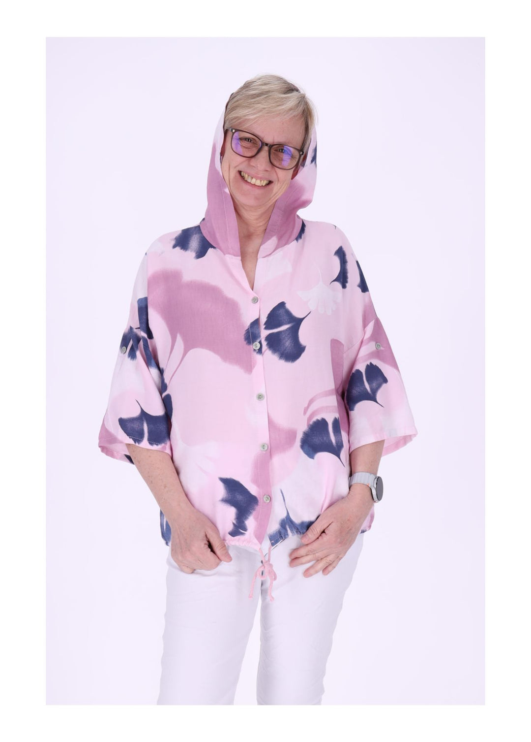 Bluse Damen 1/2 Arm Kapuze AOP Ginko