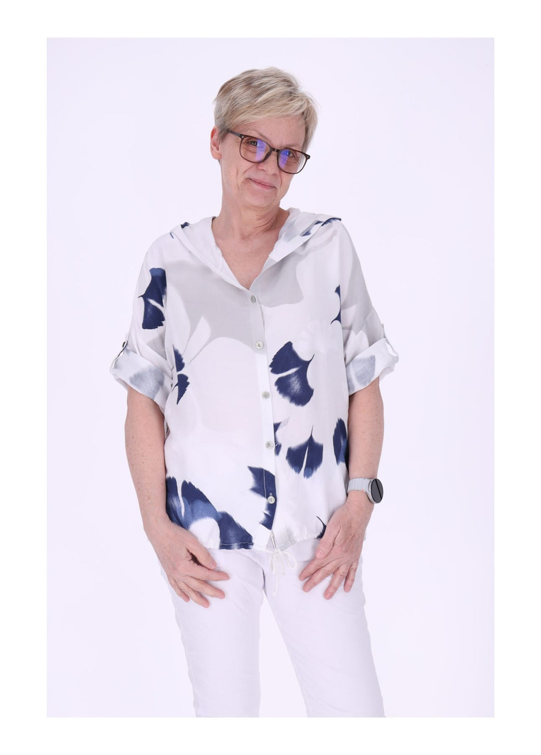 Bluse Damen 1/2 Arm Kapuze AOP Ginko