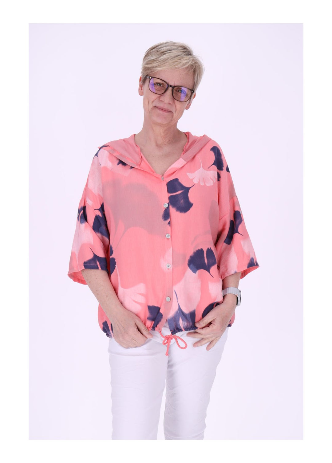 Bluse Damen 1/2 Arm Kapuze AOP Ginko