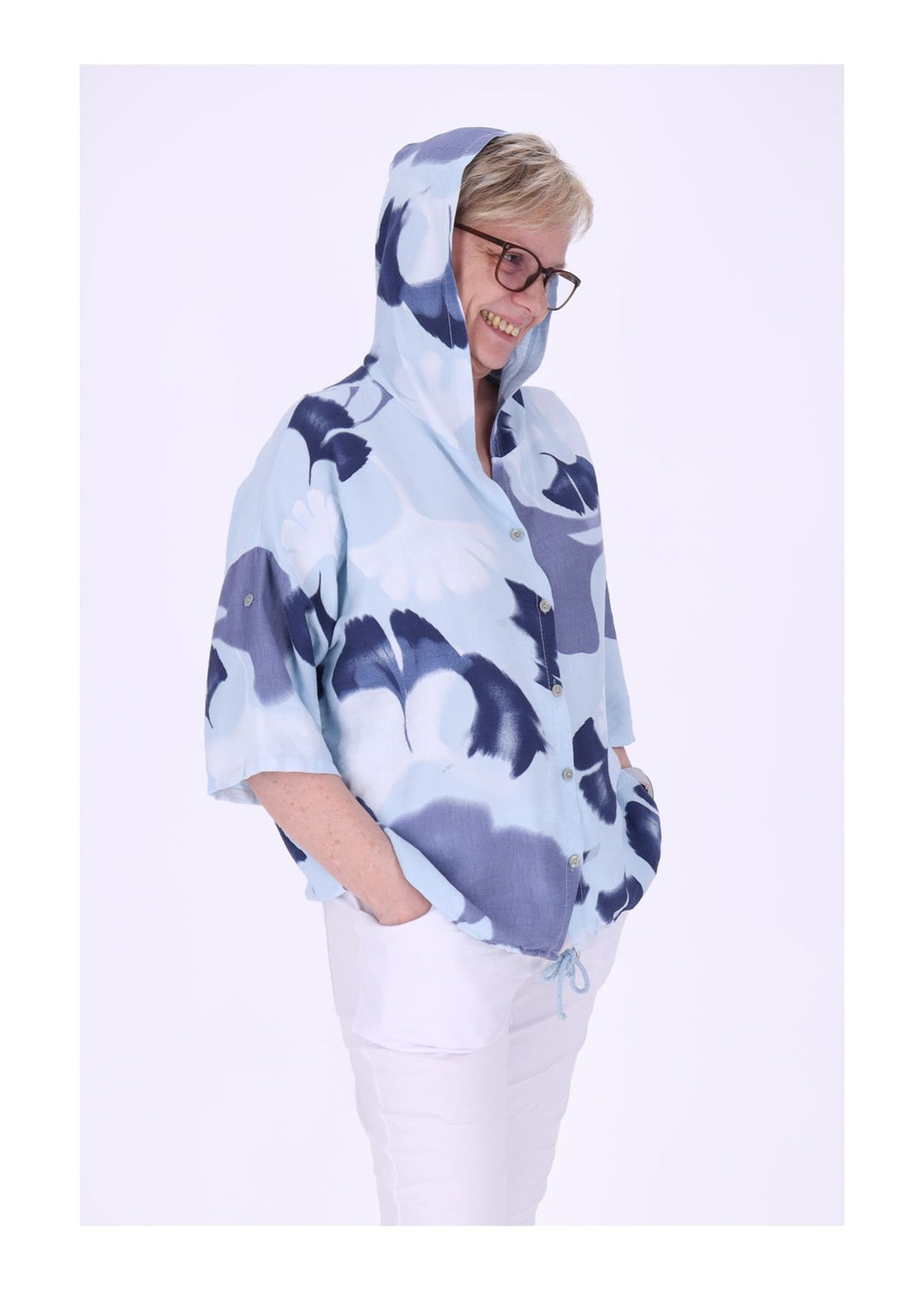 Bluse Damen 1/2 Arm Kapuze AOP Ginko