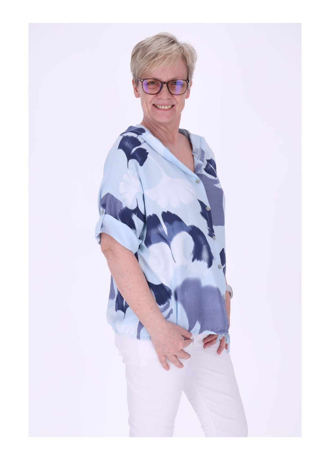 Bluse Damen 1/2 Arm Kapuze AOP Ginko