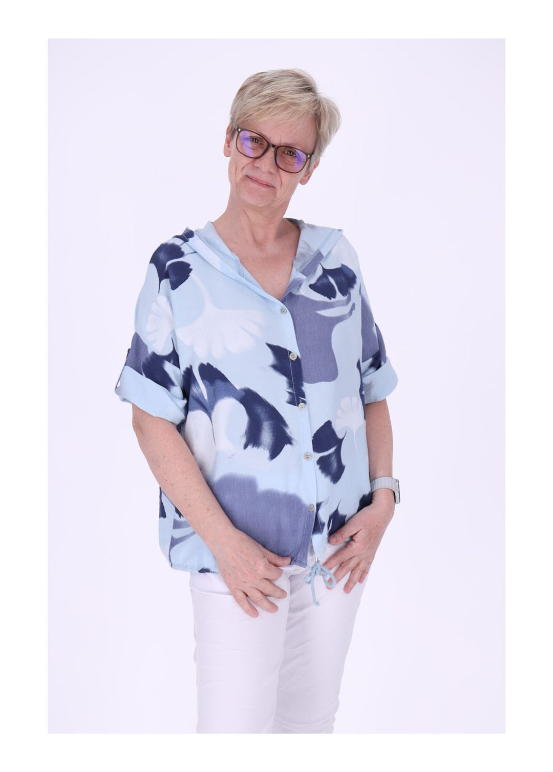 Bluse Damen 1/2 Arm Kapuze AOP Ginko