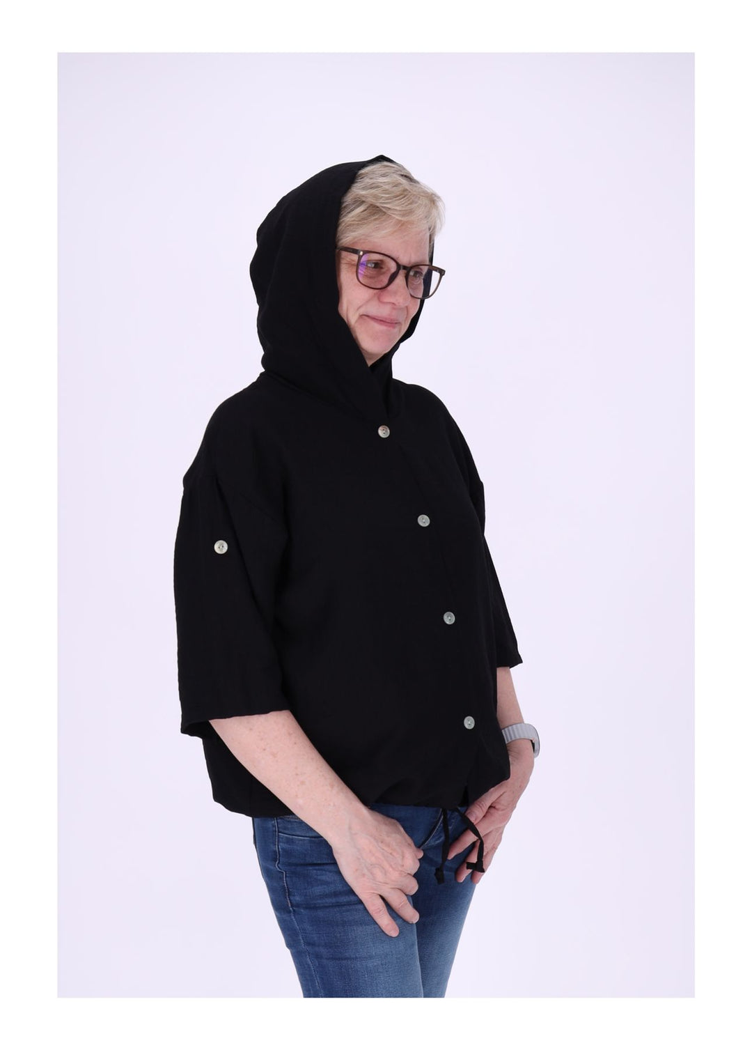 Blusenjacke Damen Kapuze Tunnelzug Krempelarm