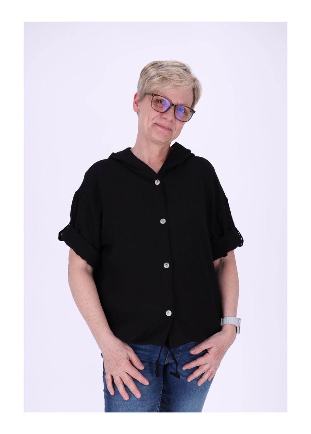 Blusenjacke Damen Kapuze Tunnelzug Krempelarm