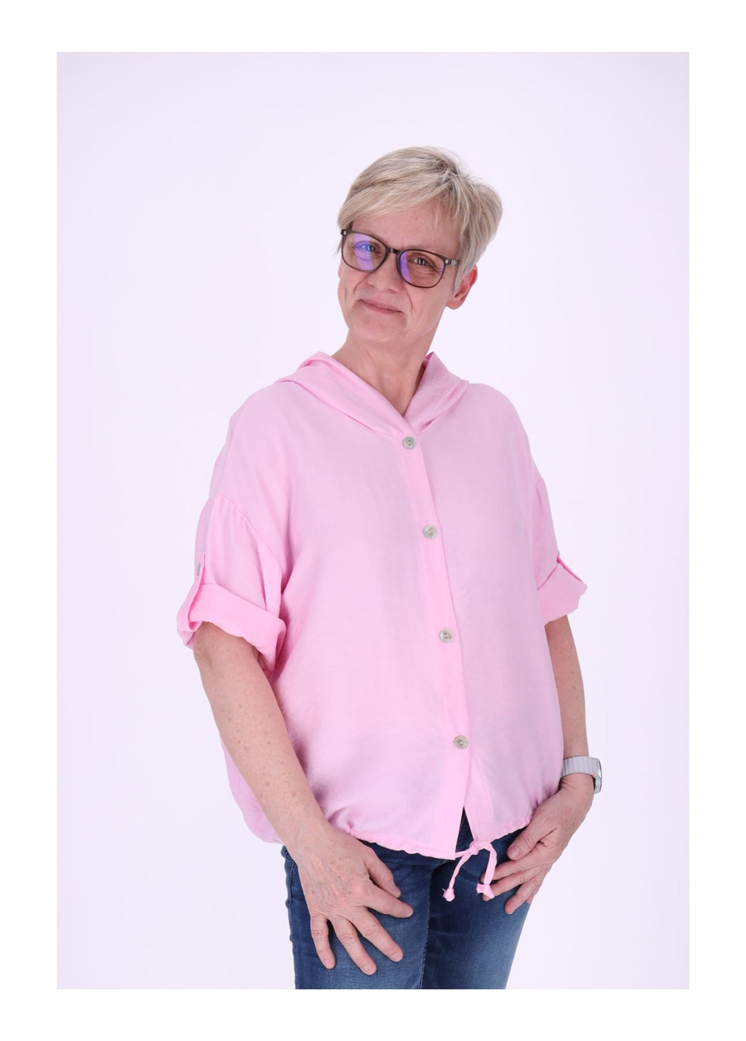 Blusenjacke Damen Kapuze Tunnelzug Krempelarm