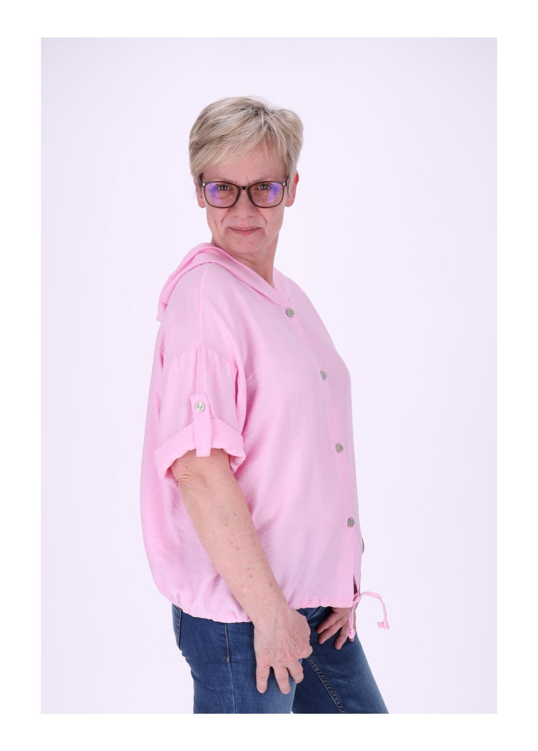 Blusenjacke Damen Kapuze Tunnelzug Krempelarm