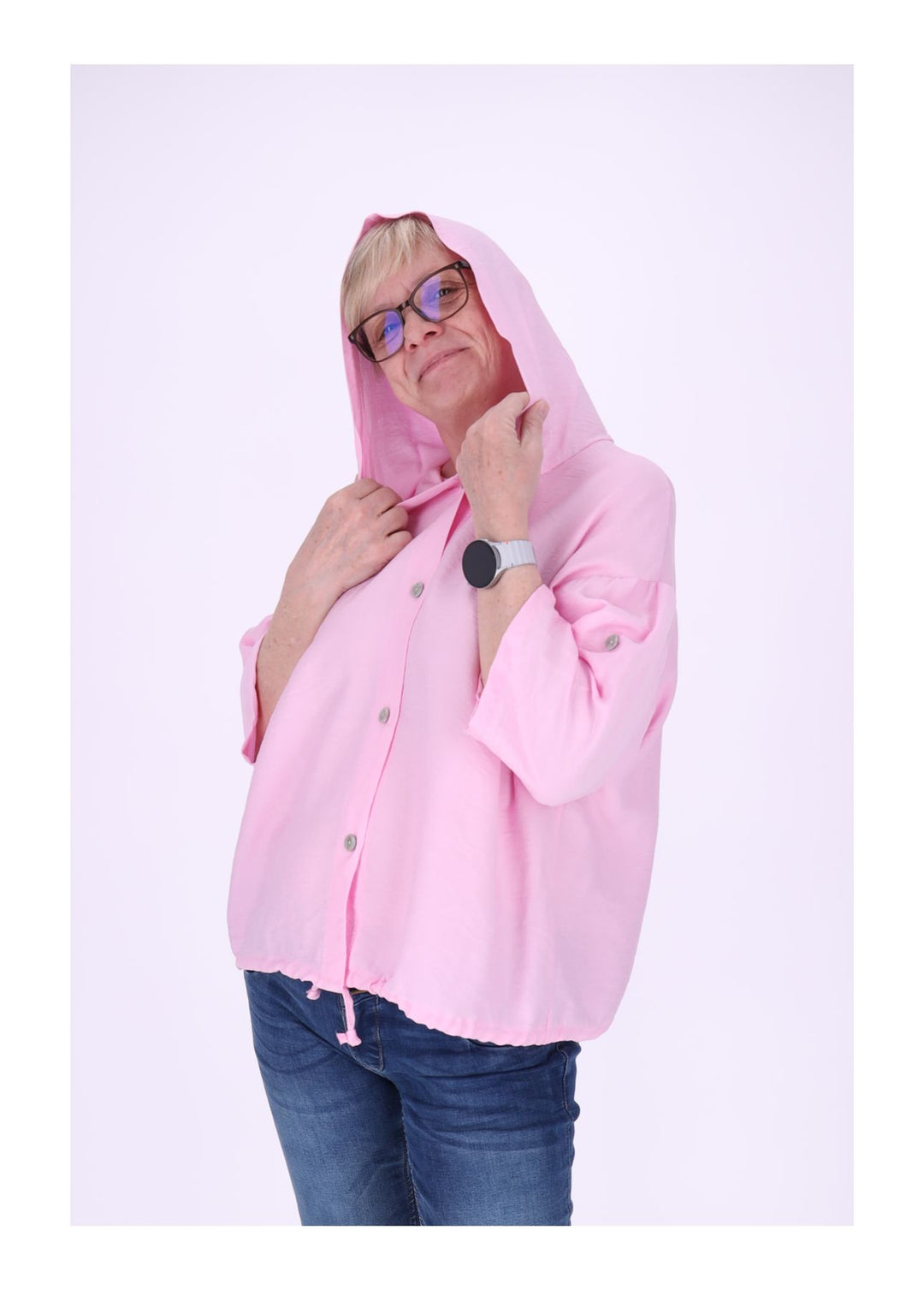 Blusenjacke Damen Kapuze Tunnelzug Krempelarm