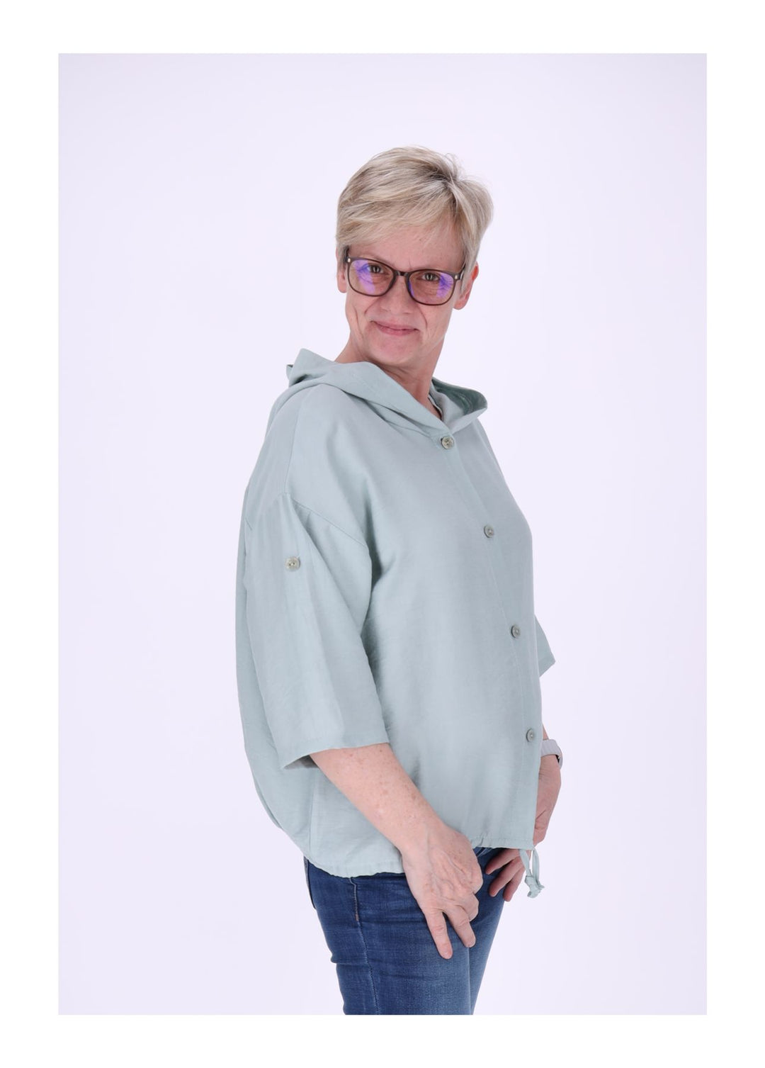 Blusenjacke Damen Kapuze Tunnelzug Krempelarm