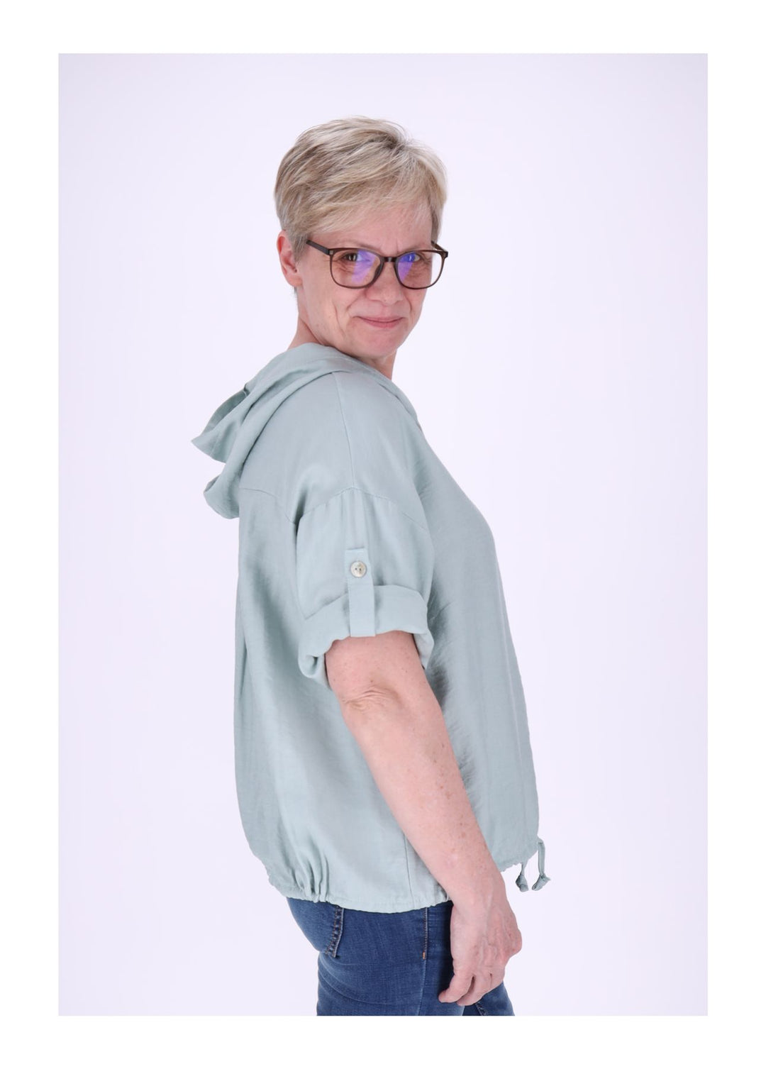 Blusenjacke Damen Kapuze Tunnelzug Krempelarm