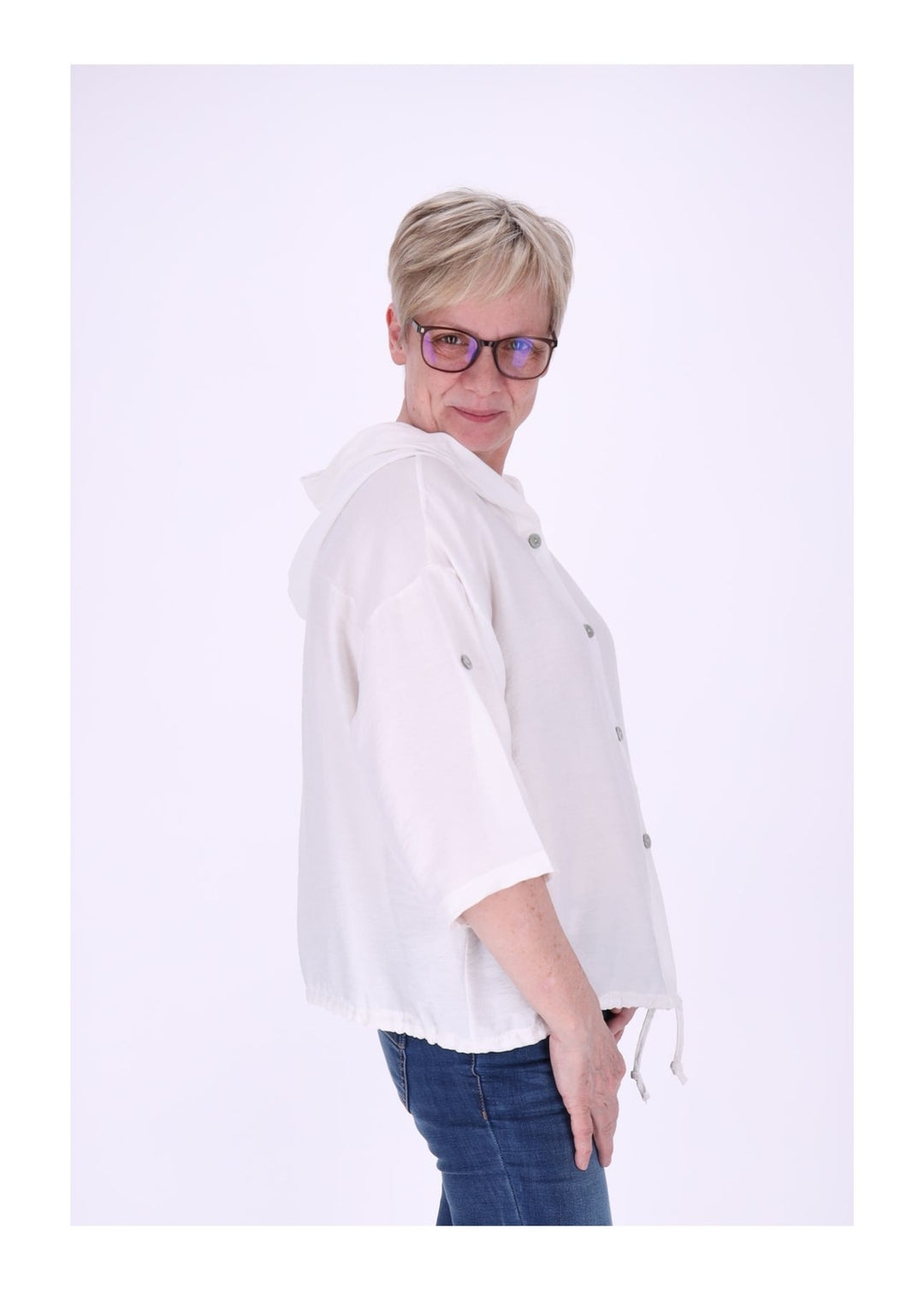 Blusenjacke Damen Kapuze Tunnelzug Krempelarm